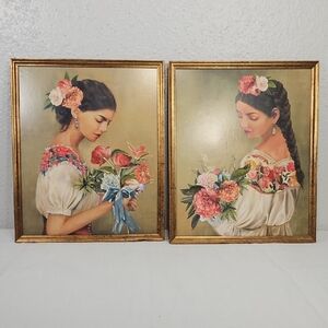 Vintage Interiors Portrait of Hispanic lady with flowers Wall Art Set of 2